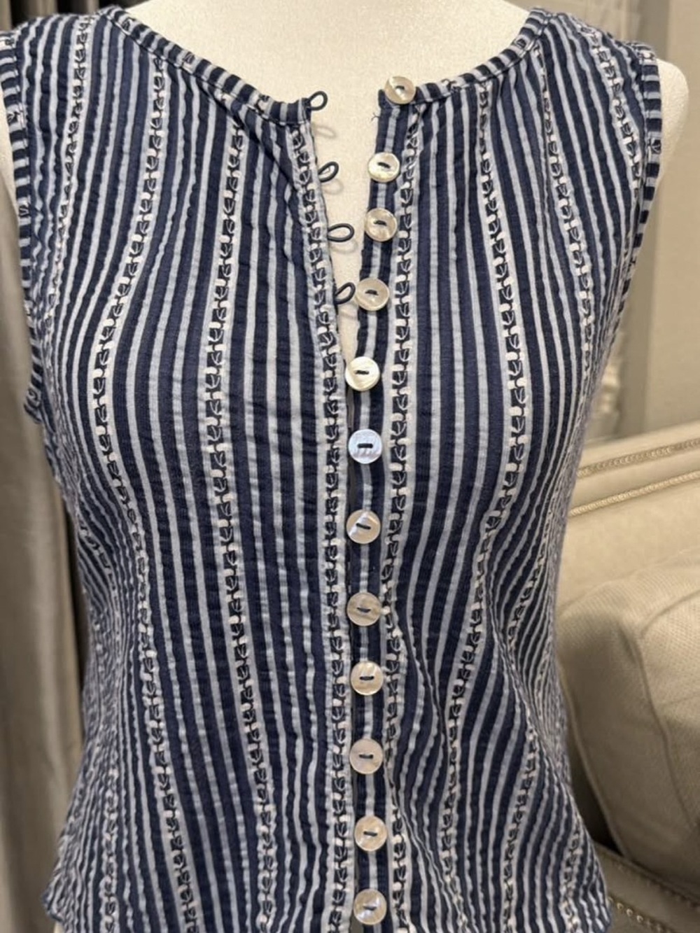 Anthropologie Sleeveless Navy and White Striped Button-Front Women's Top